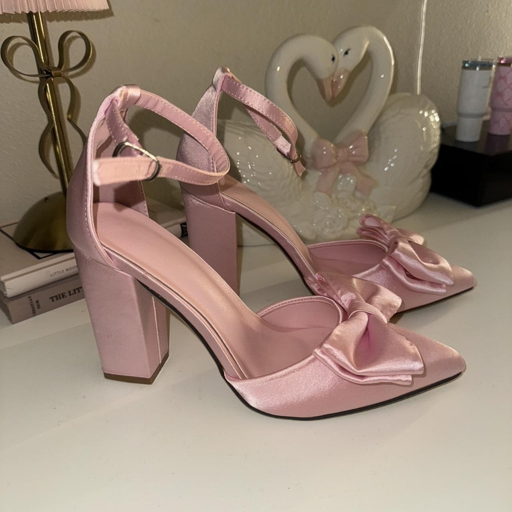 Pink Satin Bow Block Heel Sandals - Women's Dress Shoes
